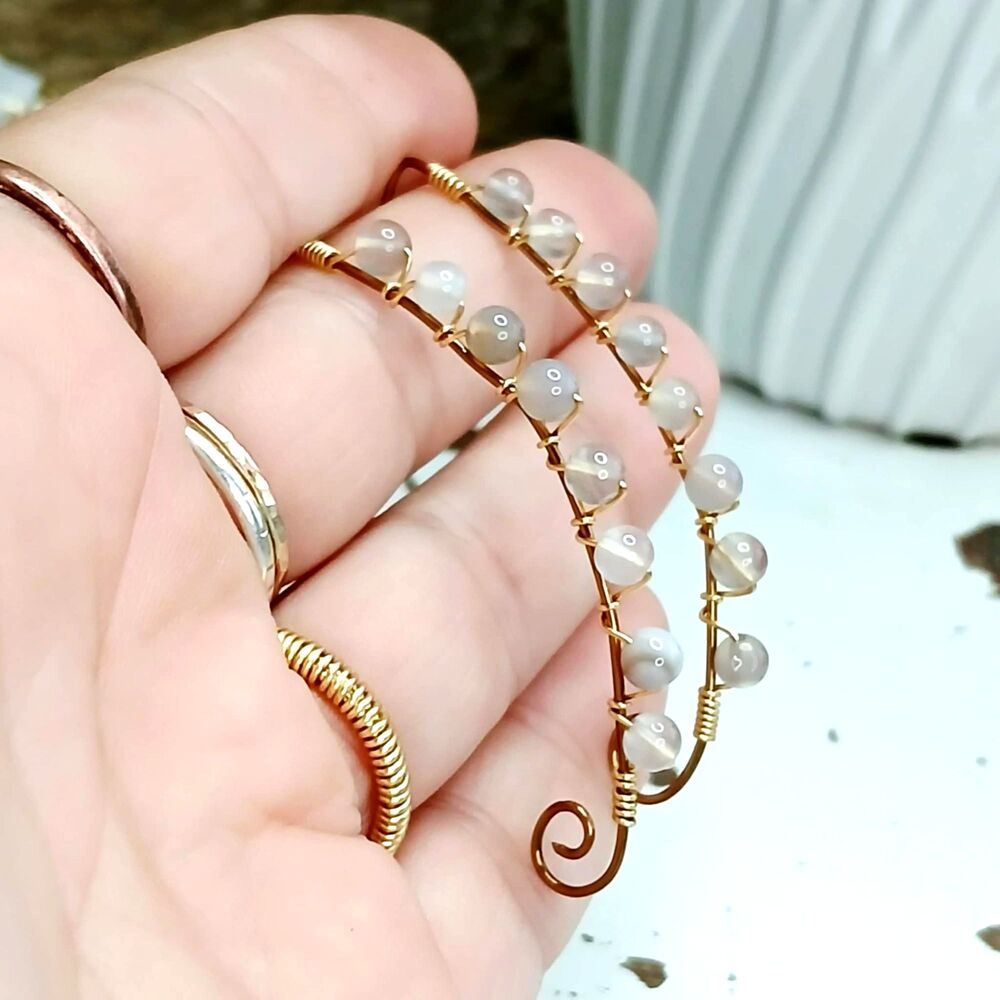 Agate Crystal Beaded Drop Earrings, Bronze Gemstone Wire Earrings, 2.25"